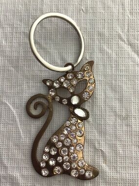 Vintage Rhinestone  Cat Keychain  Gold Tone